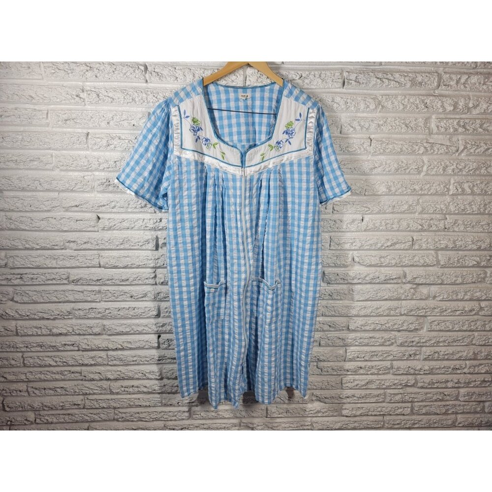 Marisol Womens Robe 1X Plus House Dress Embroidered Sleeve Blue Plaid PLA15XE